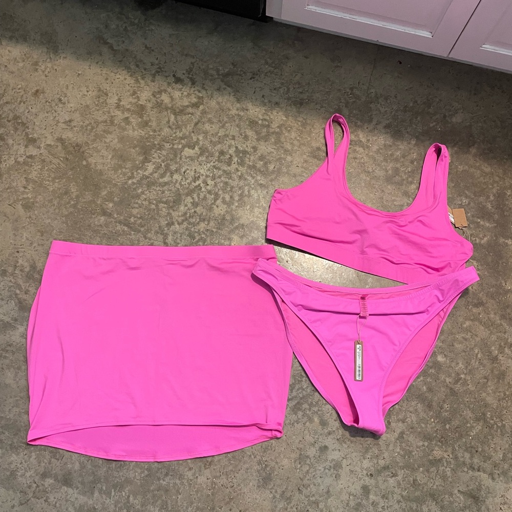 SKIMS hot pink swimsuit 2 piece with skirt